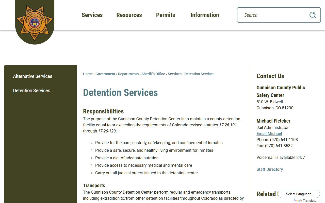 Gunnison County Detention Center inmate roster and detention services page